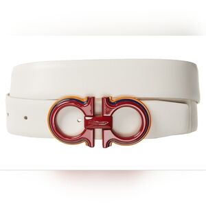 NWOT Salvatore Ferragamo Unisex White Belt with Red/Blue/Orange Buckle Size 38